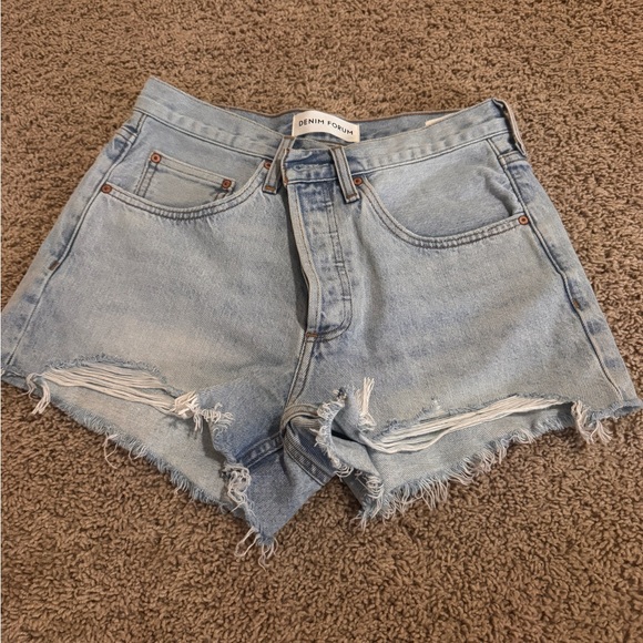 Denim Forum Pants - Denim Forum Light Blue Frayed High-Rise Jean Shorts